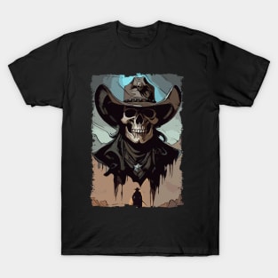 Grunge VIntage Style Wild West Cowboy Skull Sheriff Illustration T-Shirt